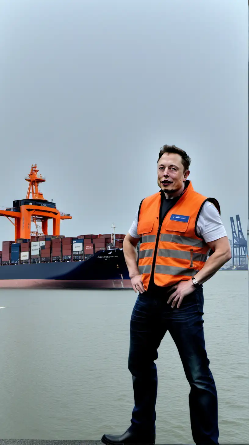 Elon Musk, intoxicated substance, visionary, wasted, spaceX style away visiting Harbour of antwerp, riding a stacker and helping the orange clothed dockers a bit unloading a cargo ship