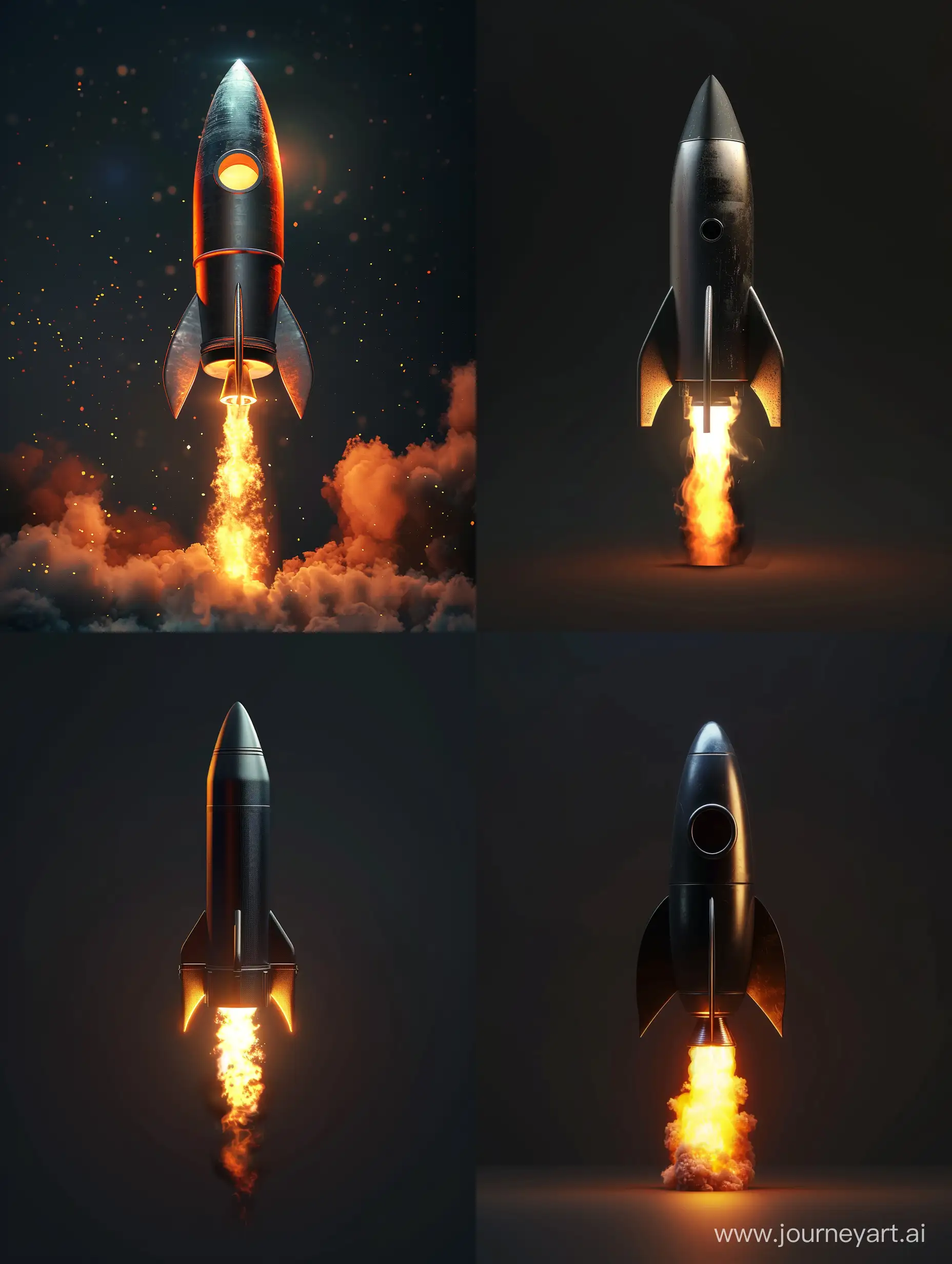 3D rocket with fire at the end of it; The image from the front with a completely dark background