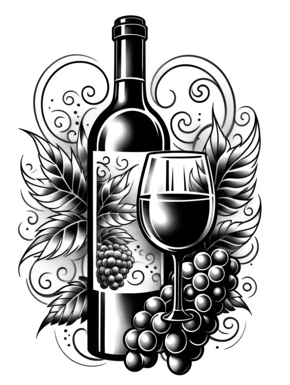 Elegant Black and White Wine Tattoo Illustration on a White Background