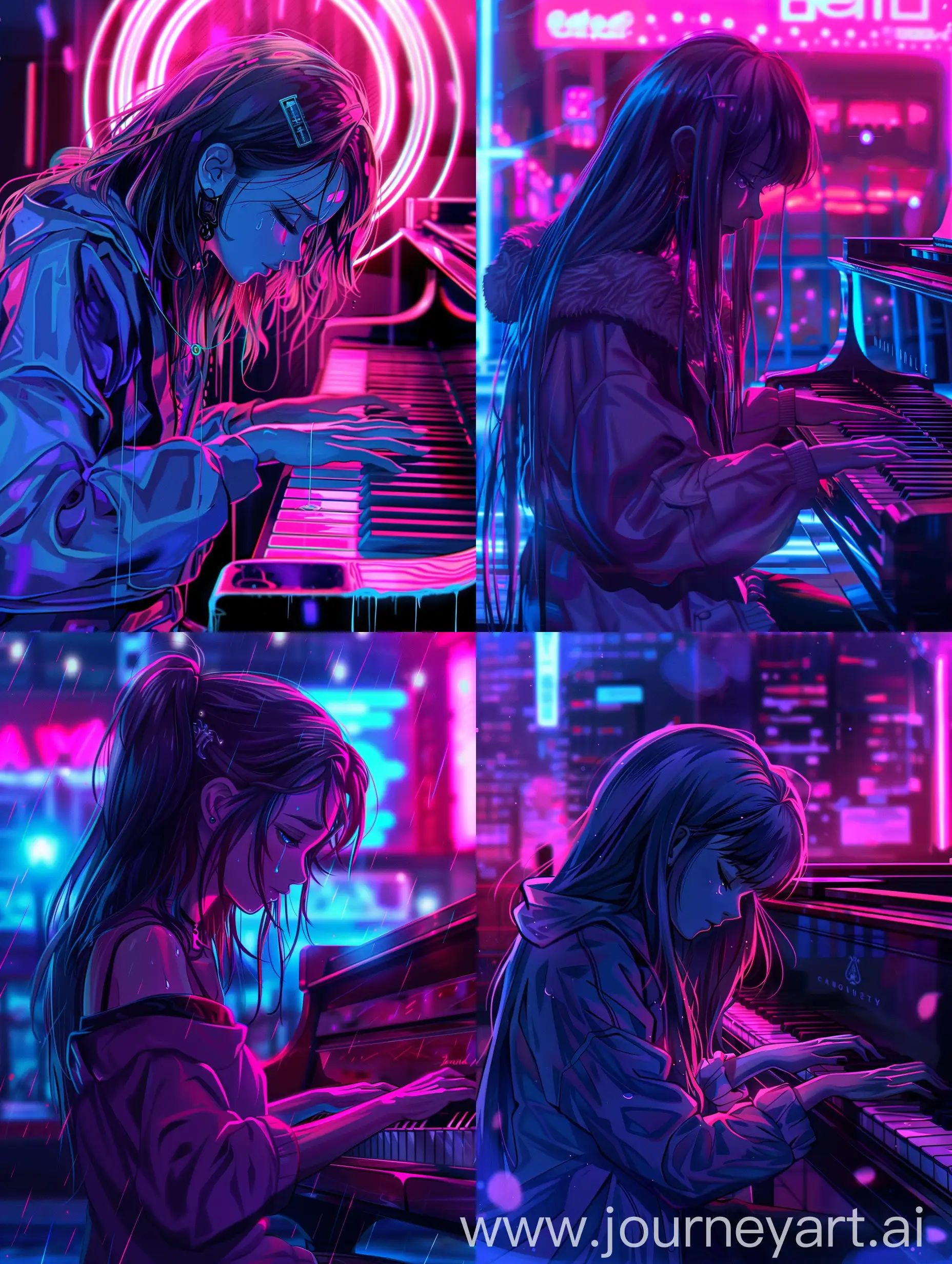 anime emo girl sad, playing piano, with neon background, strong lines