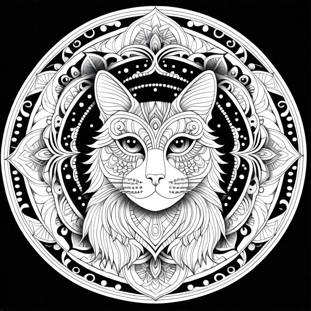 coloring page for adults, mandala, cat, black background, clean line art, fine line art without crayons