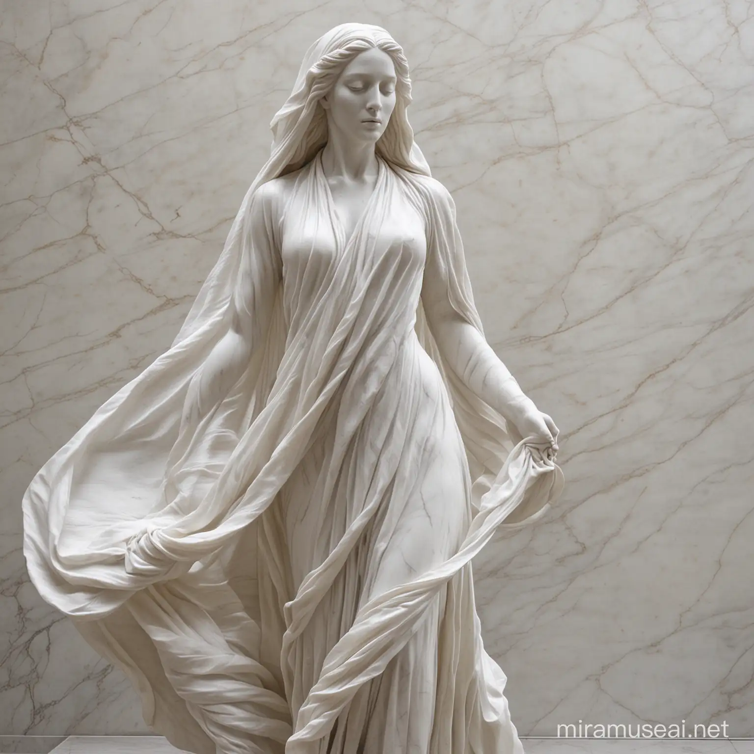 Ethereal White Marble Sculpture of Veiled Woman in Wind