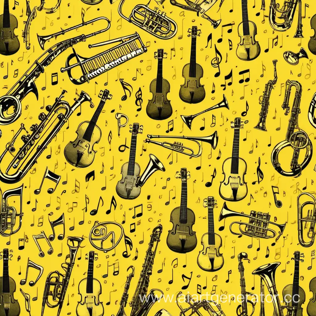 Жёлтый фон, музыкальные инструменты и ноты
