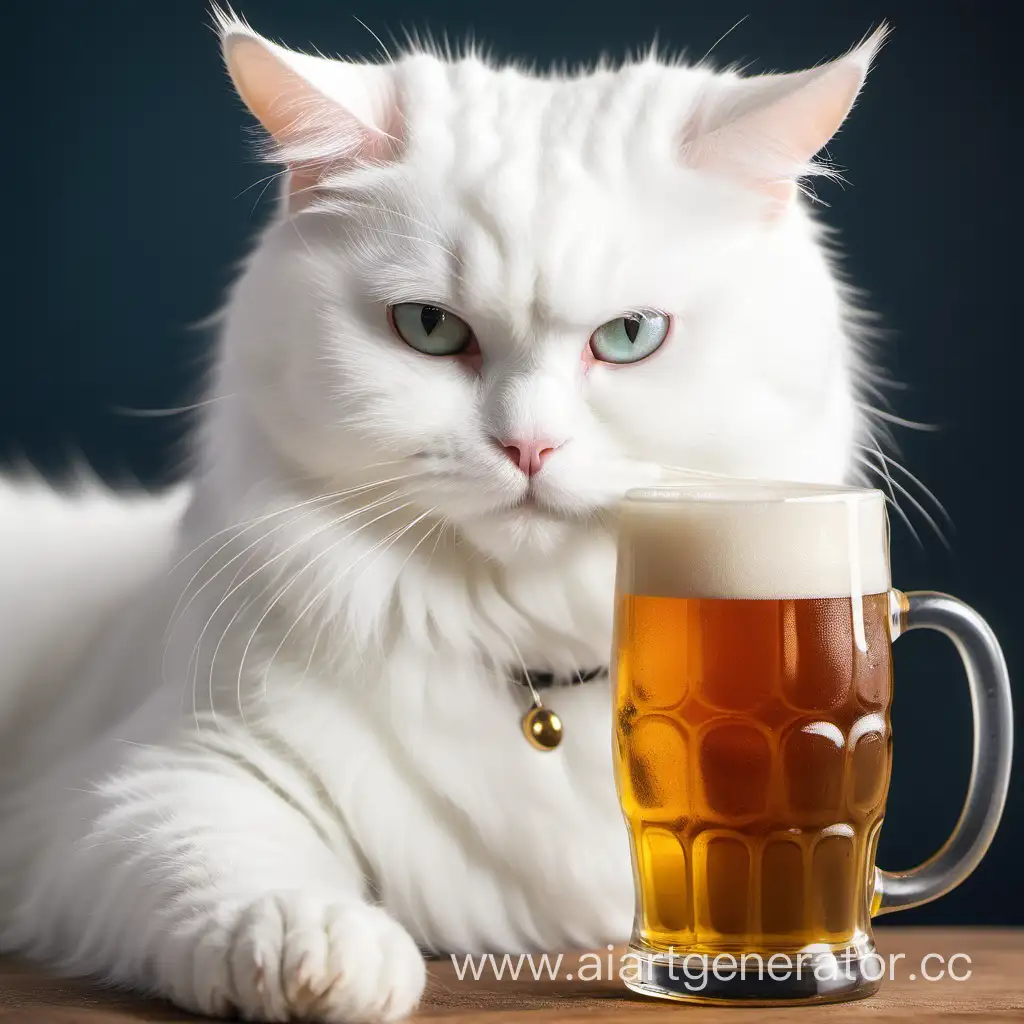 Белый Кот с кружкой пива