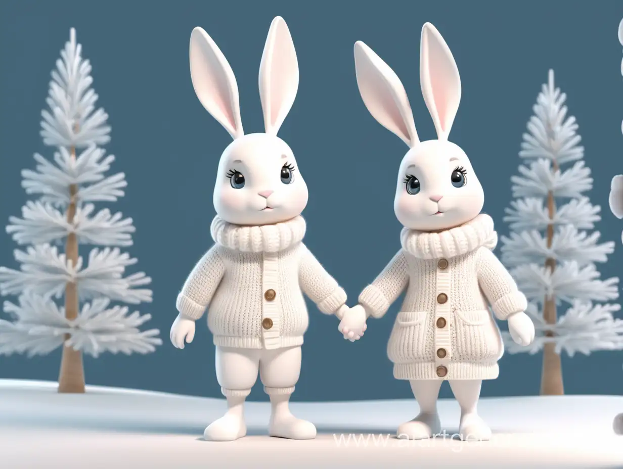 two white rabbits boy and girl in winter knitted clothes holding hands, standing full-length on white background, Christmas tree behind, 3d rendering, cartoon, raw style, 32k