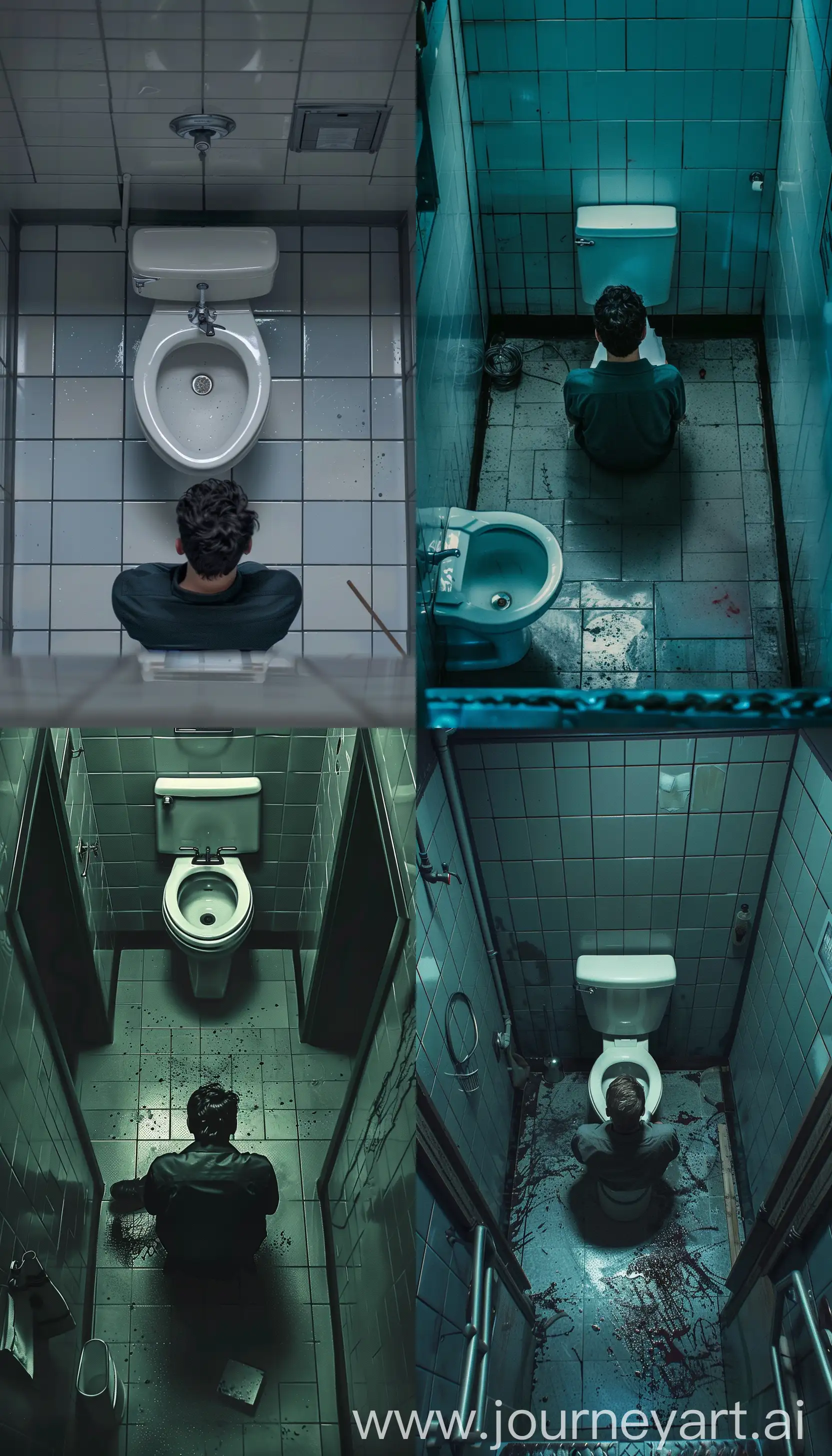 A high-angle view of a toilet with a man sitting in a school restroom, style  90s horror movies, --ar 4:7 --v 6 