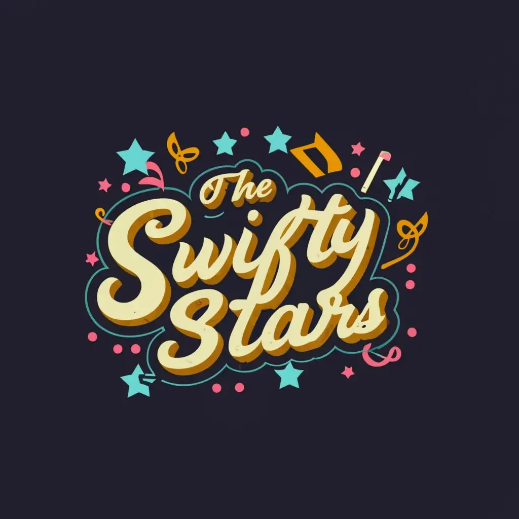 a logo design,with the text "THE SWIFTY STARS", main symbol:Music notes and instruments and dance and fun,complex,be used in Entertainment industry,clear background