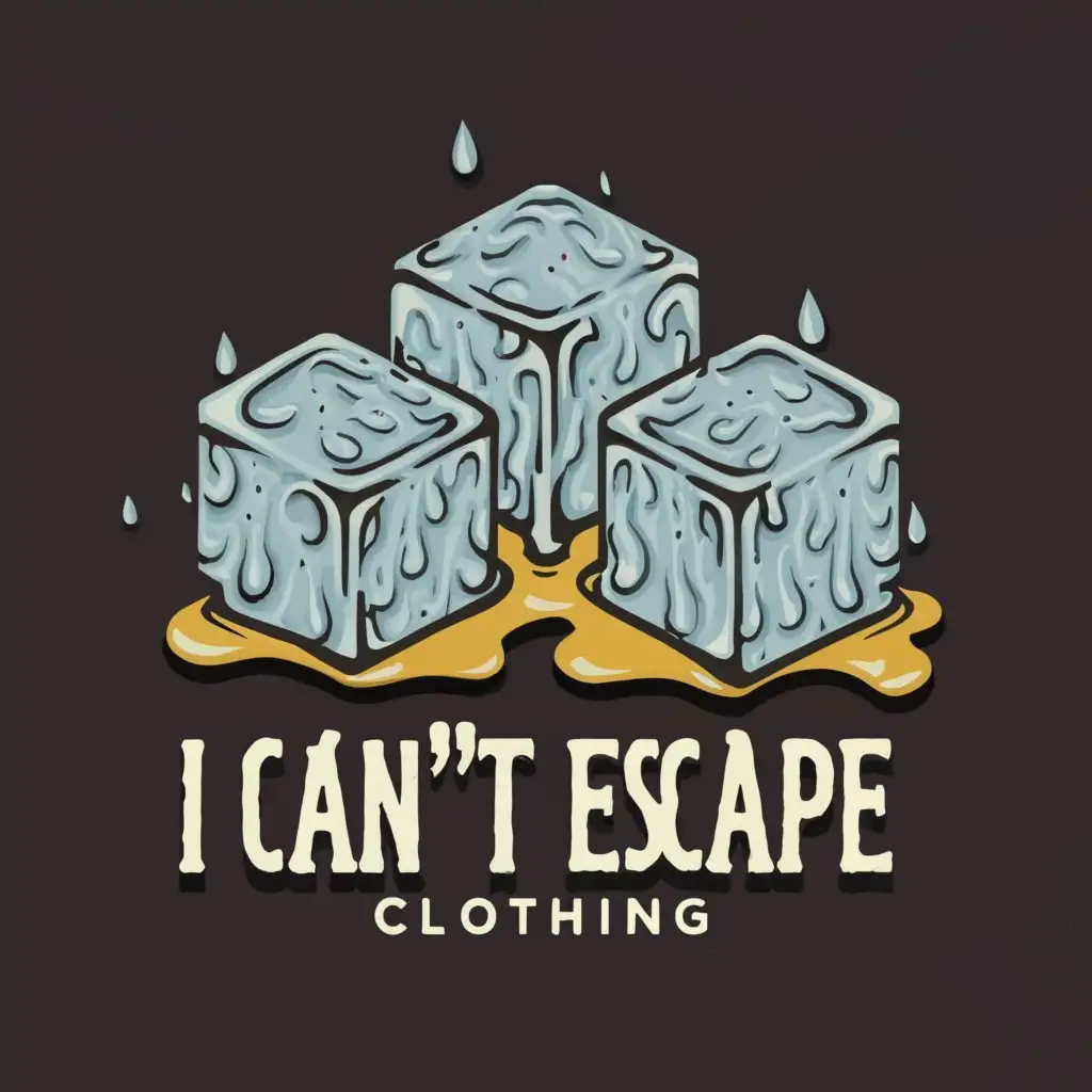 a logo design, with gold text "I Can't Escape Clothing", main symbol: Melting Ice Cubes with Water droplets and the Ice Cubes have prison bars in the middle of them, Moderate, Gold and black gradient background