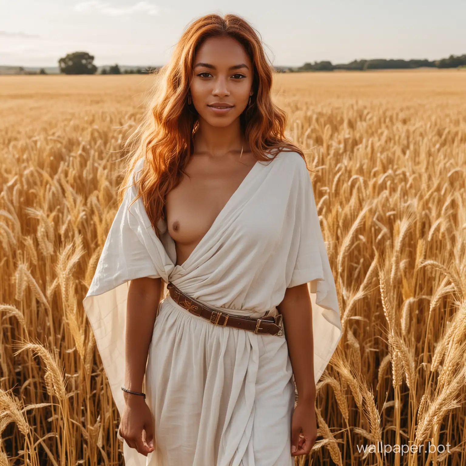 A brown skin girl with long ginger hair standing wearing a toga with a buckle in a golden wheat field