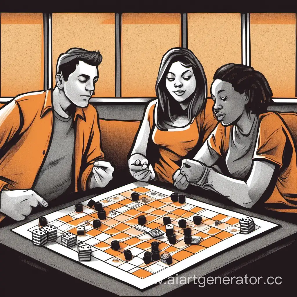Нарисованные люди, которые играют в настольные игры. можно использовать только такие цвета: умеренный оранжевый, белый и черный.  Фон должен быть черного цвета .