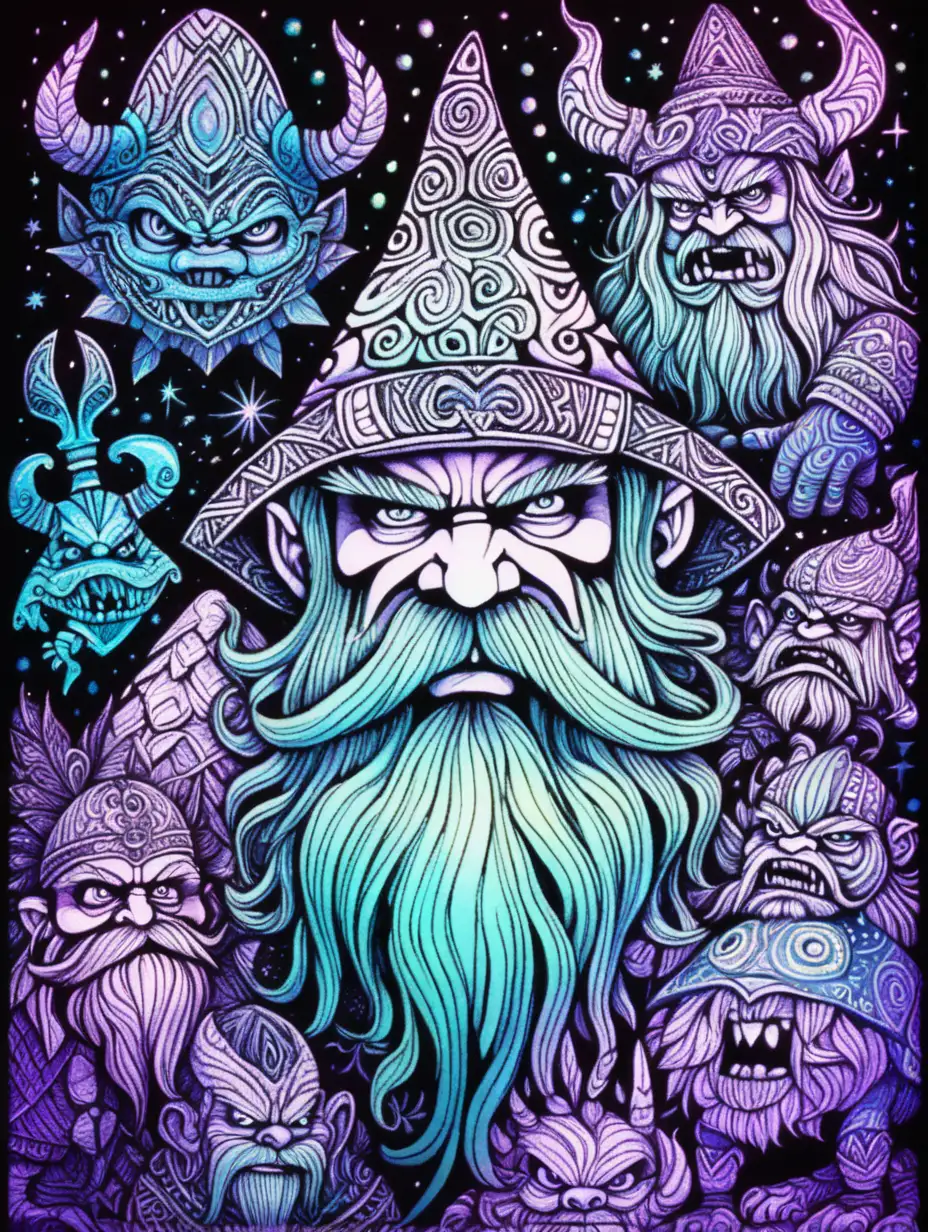 A phantasmagorical and zentangle style image of angry dwarf and dream  creatures, black light, psychedelic blurred background.