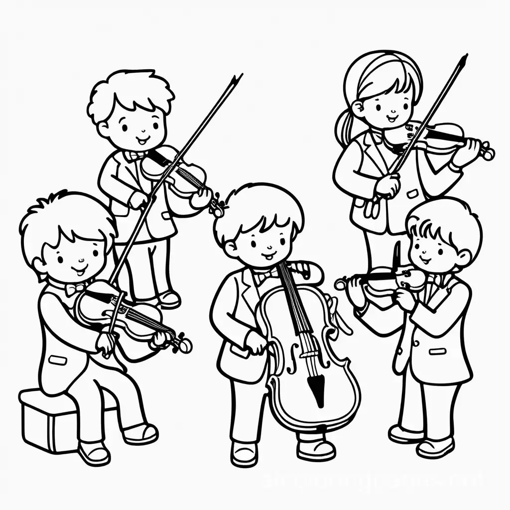 little violon animal orchestra , Coloring Page, black and white, line art, white background, Simplicity, Ample White Space. The background of the coloring page is plain white to make it easy for young children to color within the lines. The outlines of all the subjects are easy to distinguish, making it simple for kids to color without too much difficulty