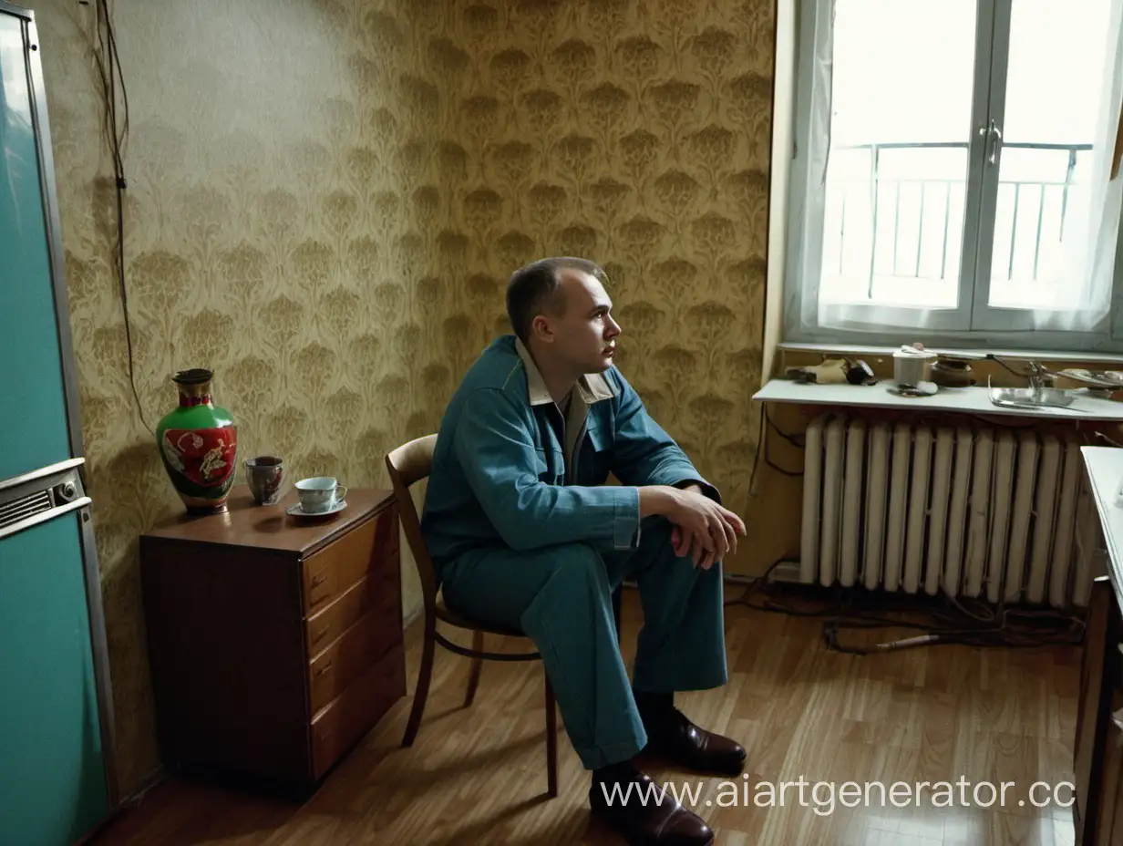 Парень в советской квартире сидит и думает 
