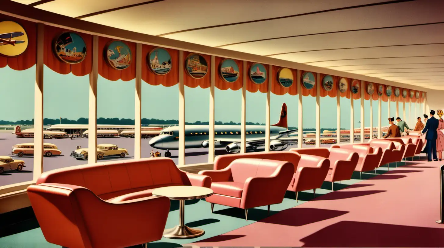airport lounge with 1950s disney world design, vintage photo aesthetic, 
