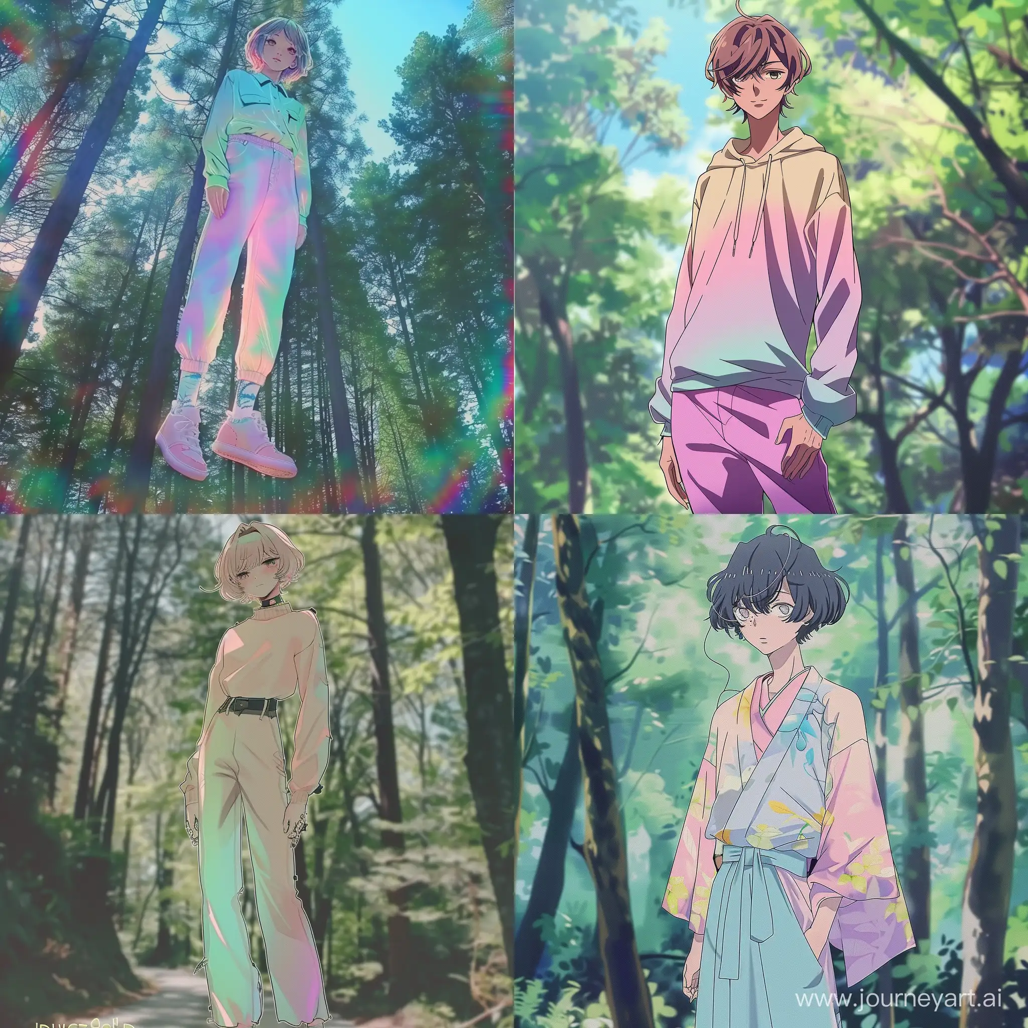 A tall person who i cant tell the gender of. Anime style, cute haircut, pastel colored clothing, forest