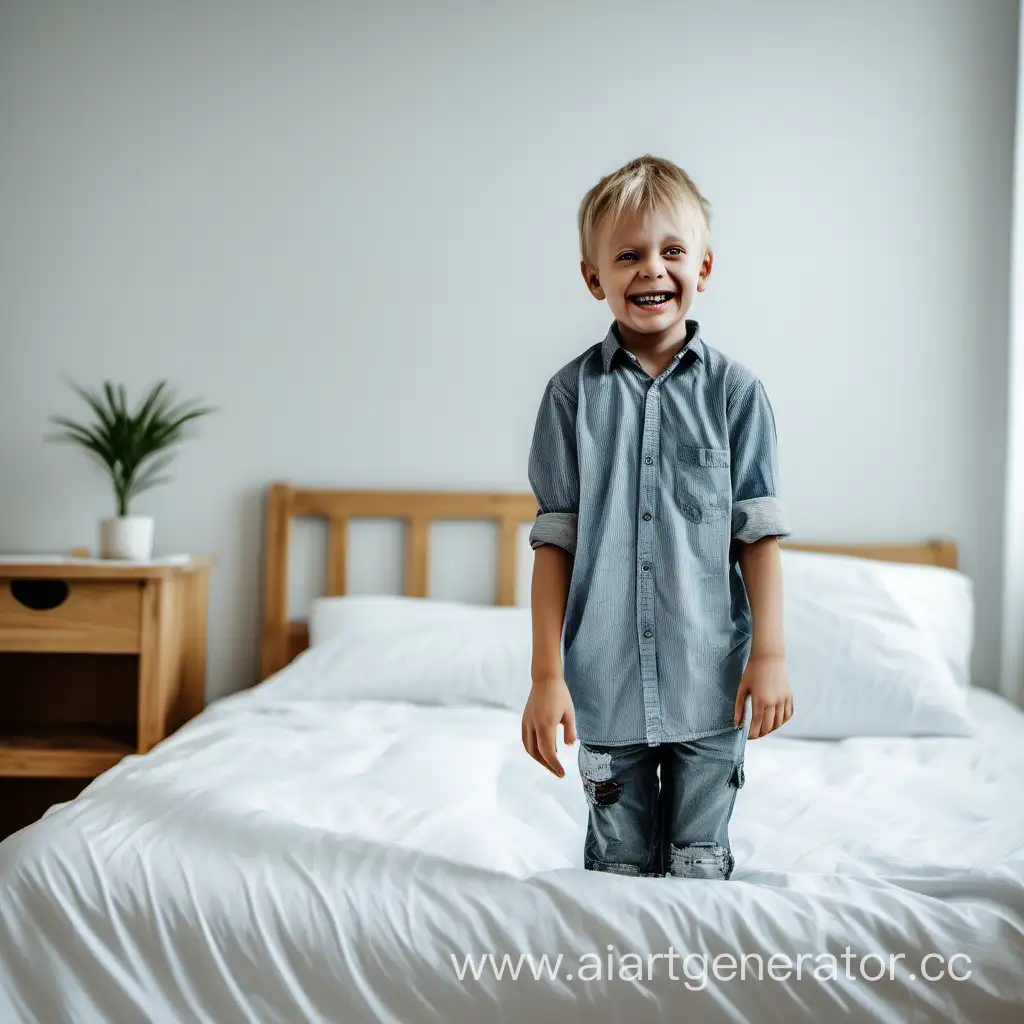 веселый мальчик с капельницей в руках стоит на кровате