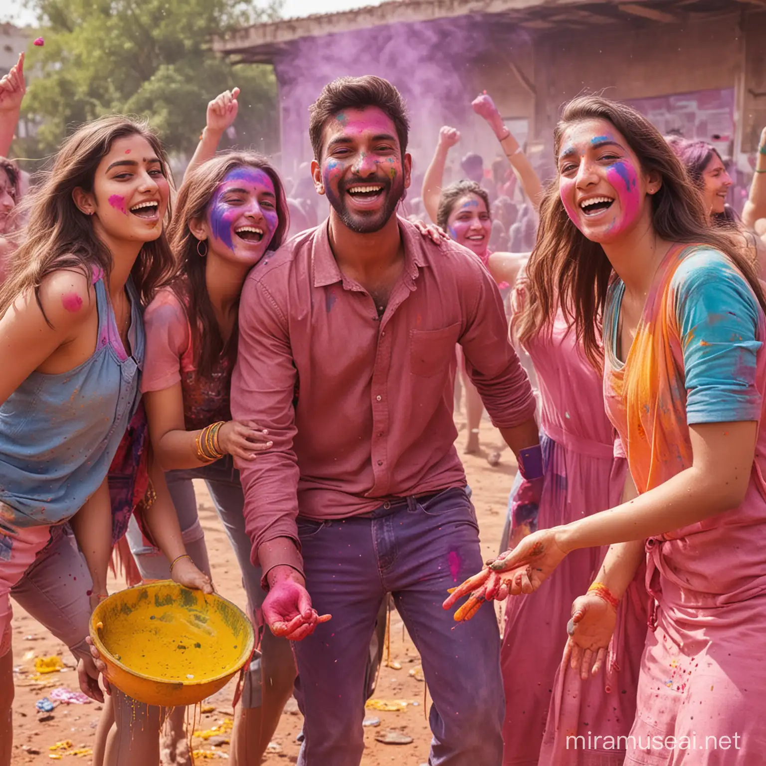 guy celebrating Holi with his female friends, 
