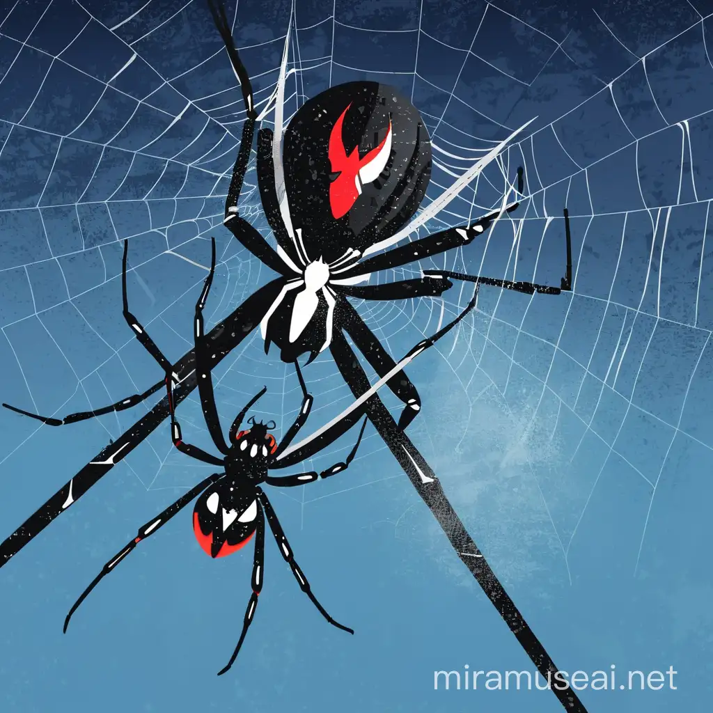 Mixed style of flat vector art and travel poster: black widow spider in web.