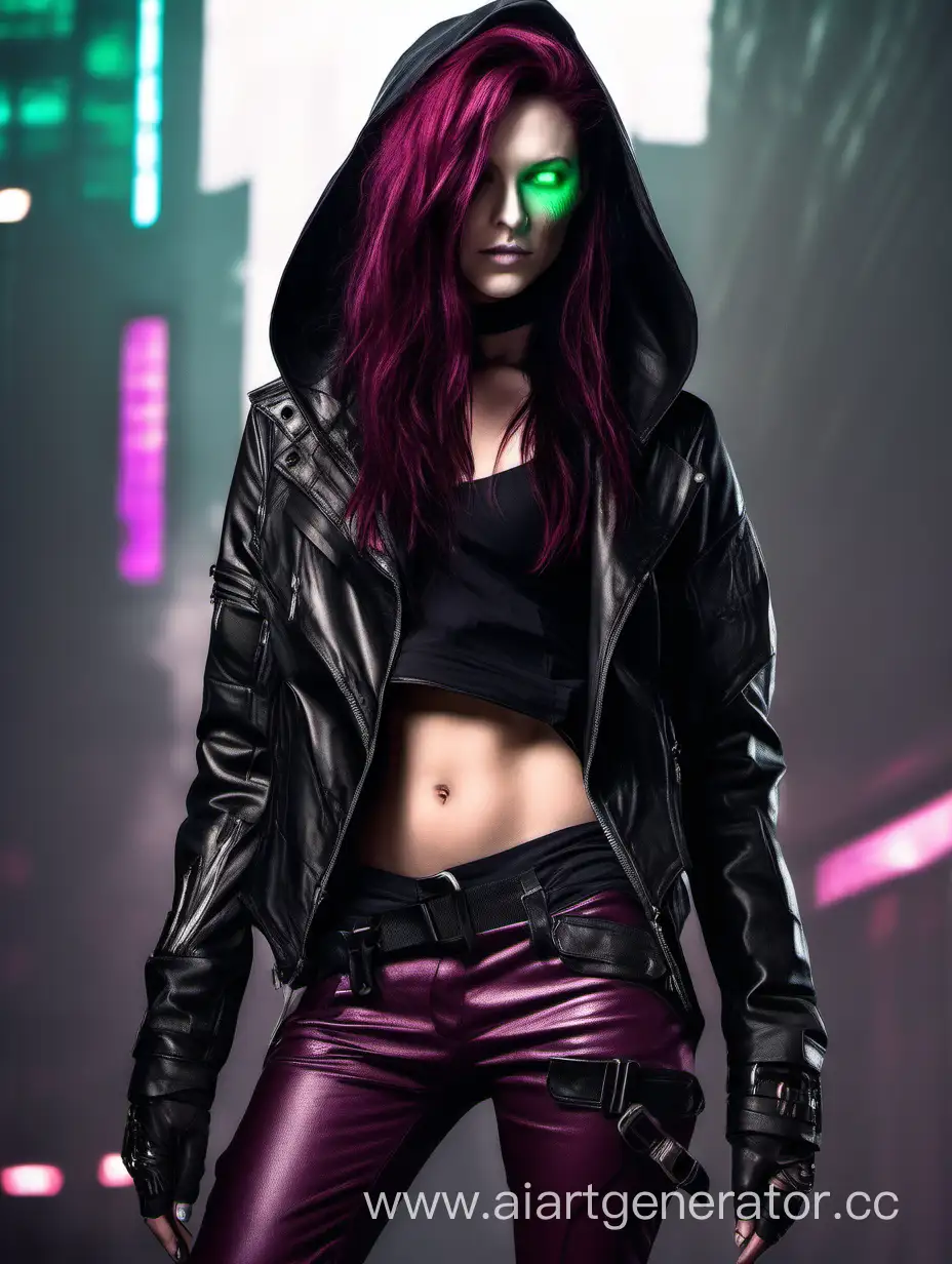 Cyberpunk-Woman-with-Toxic-Green-Eyes-and-Burgundy-Hair-in-Black-Leather-Ensemble