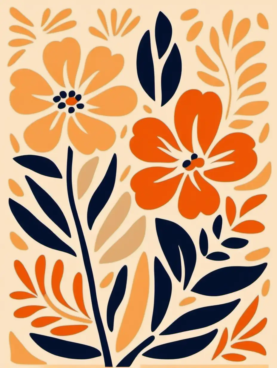 Matisse Style Floral Illustration Vibrant Orange and Beige Florals in Simple Grain Texture