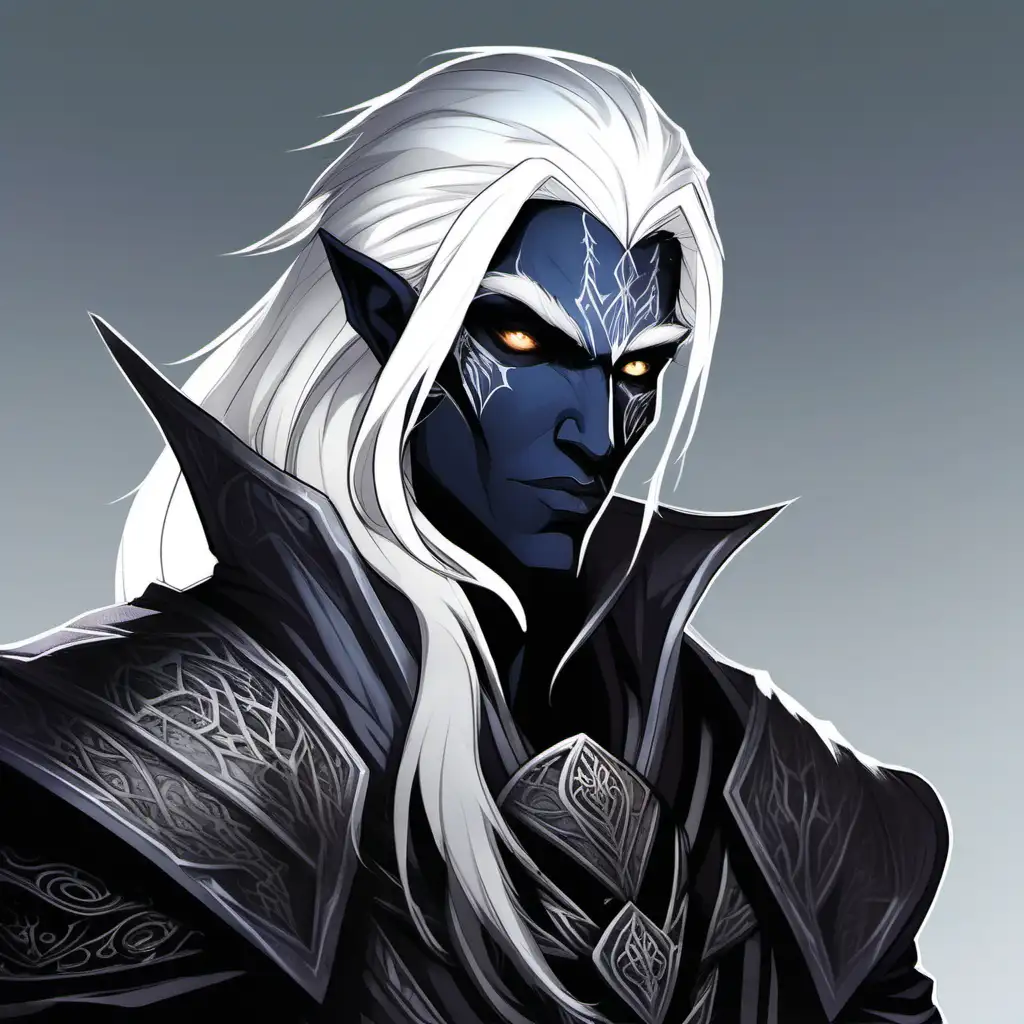 A kind male drow with grey eyes and white hair.