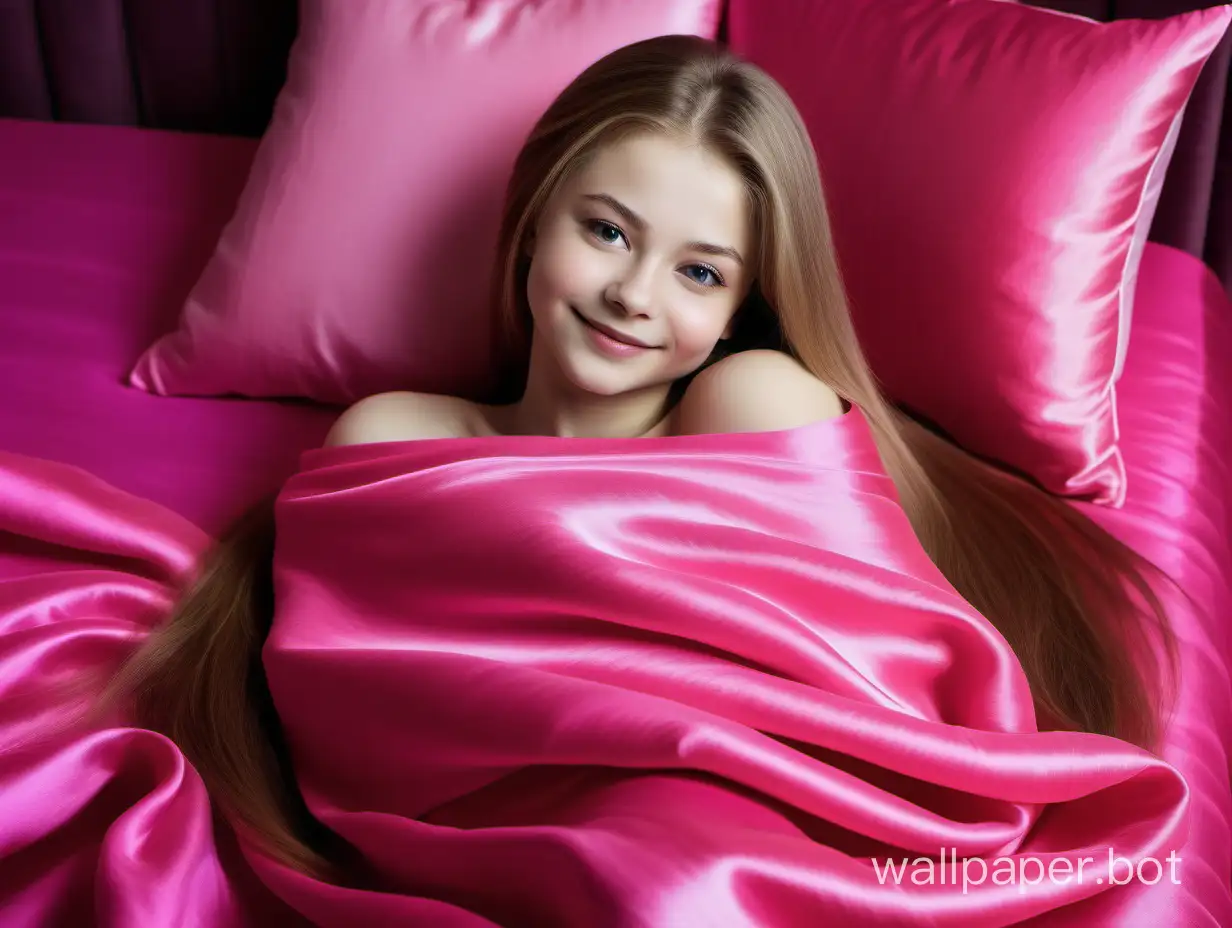 Angelically smiling Yulia Lipnitskaya with long straight hair Relaxing on luxurious Pink fuchsia Silk Pillow and pink silk Blanket