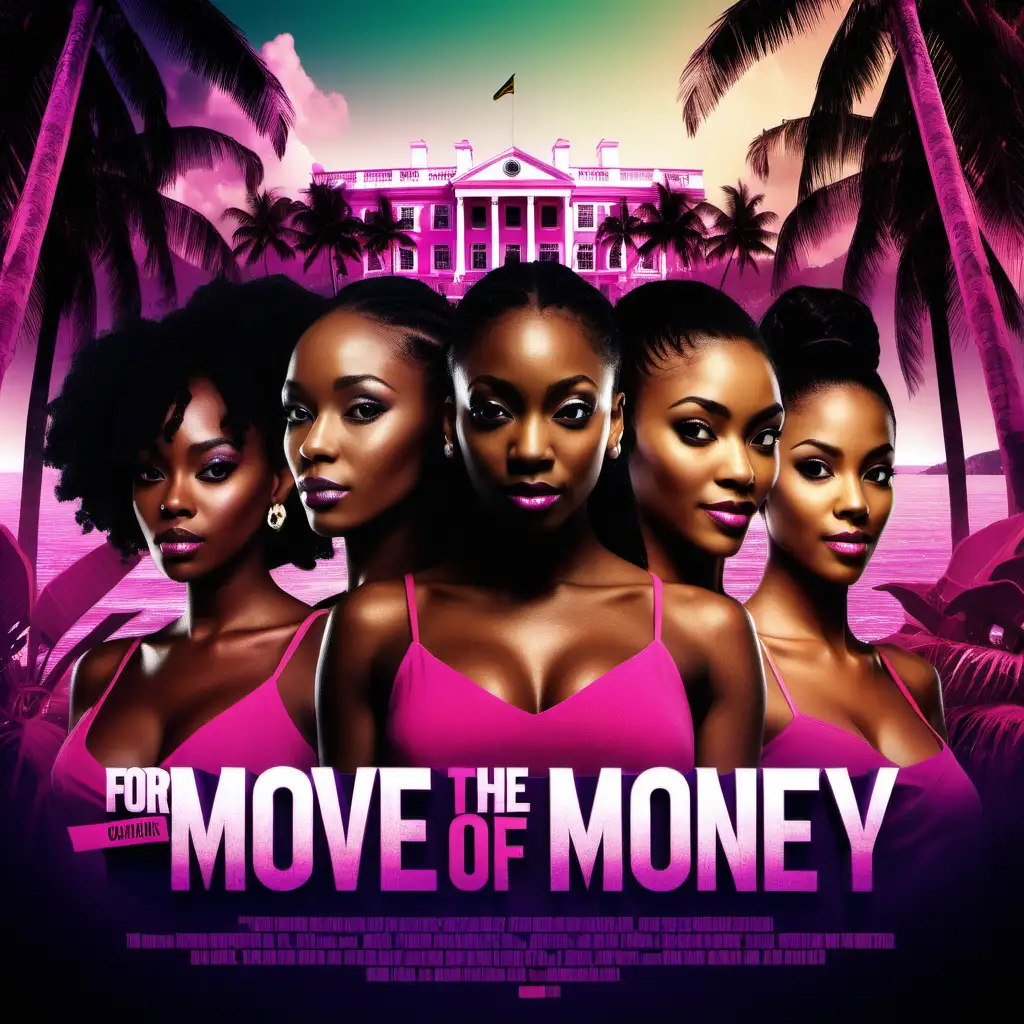 Develop a visually captivating cinematic poster for 'For the Love of Money' that vividly captures the vibrant essence of Jamaican dating while showcasing all five key contestants in an engaging and realistic manner. Utilize a dynamic color scheme blending vibrant shades of pink and purple to appeal to the young edge adult demographic. Set the backdrop with a cinematic portrayal of a lush, tropical landscape featuring dense foliage, vibrant flora, and iconic Jamaican landmarks to create an immersive environment. Position the two female contestants as the main focus in the foreground, radiating confidence and individuality, while incorporating faded half-off shots of the three male contestants placed strategically around them. Ensure the background exudes a realistic yet cinematic feel, evoking the allure of a dynamic and romantic setting. Infuse the design with cinematic elements, such as depth of field or lighting effects, to add drama and excitement. Employ typography and design elements that enhance the poster's narrative, inviting viewers to delve into the complexities and exhilarating journey of love and dating portrayed in the series
