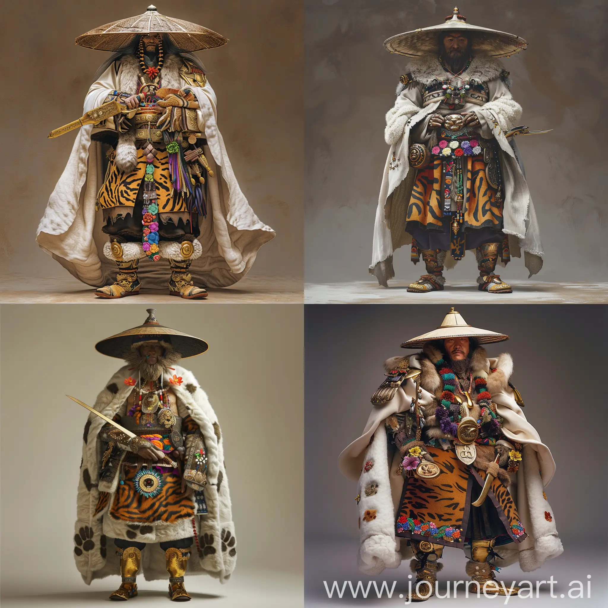 Dongba-Warrior-in-TigerSkin-Robe-with-Felt-Hat-and-Long-Knife