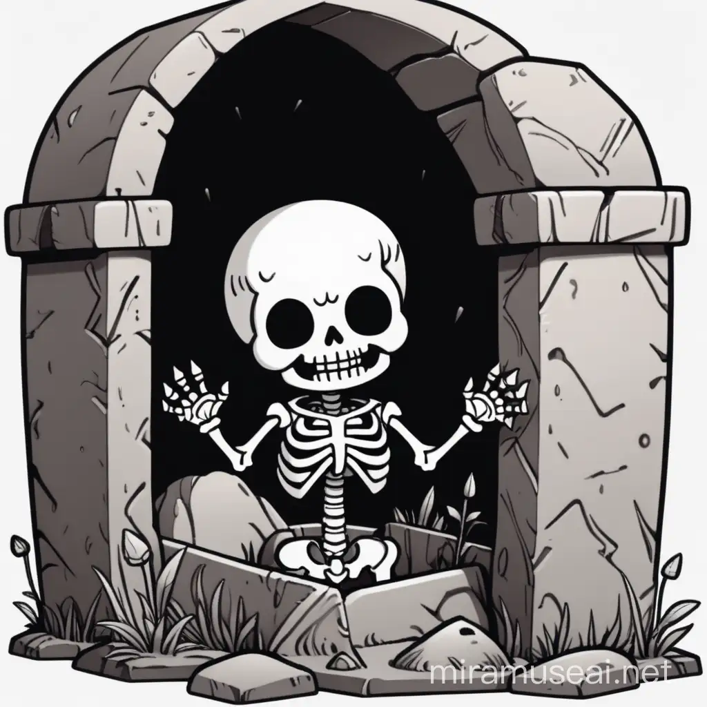 Chibi Skeleton Emerging from Grave in Spooky Scene