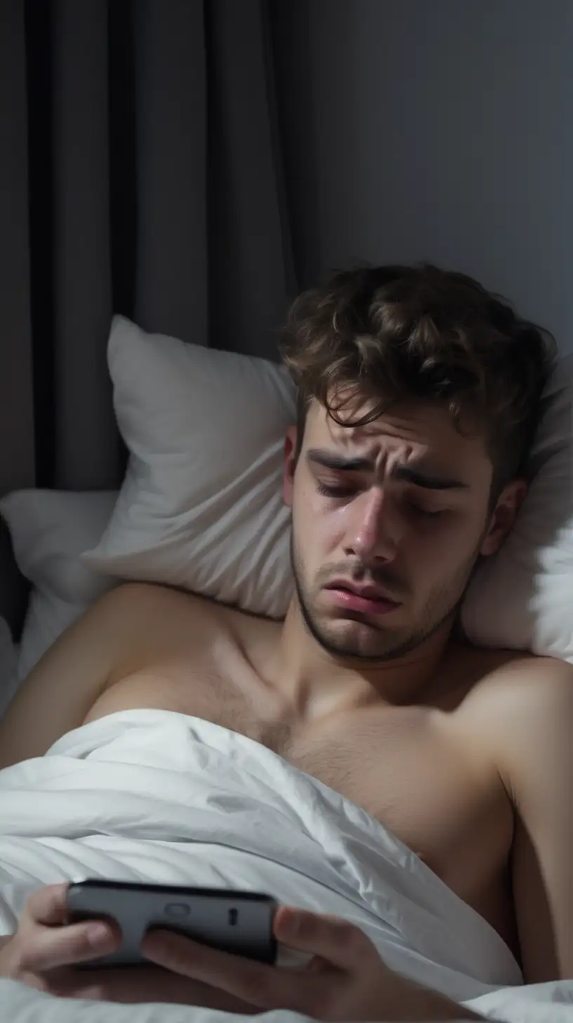 young man in bed on his phone looking exhausted and unhappy 4k