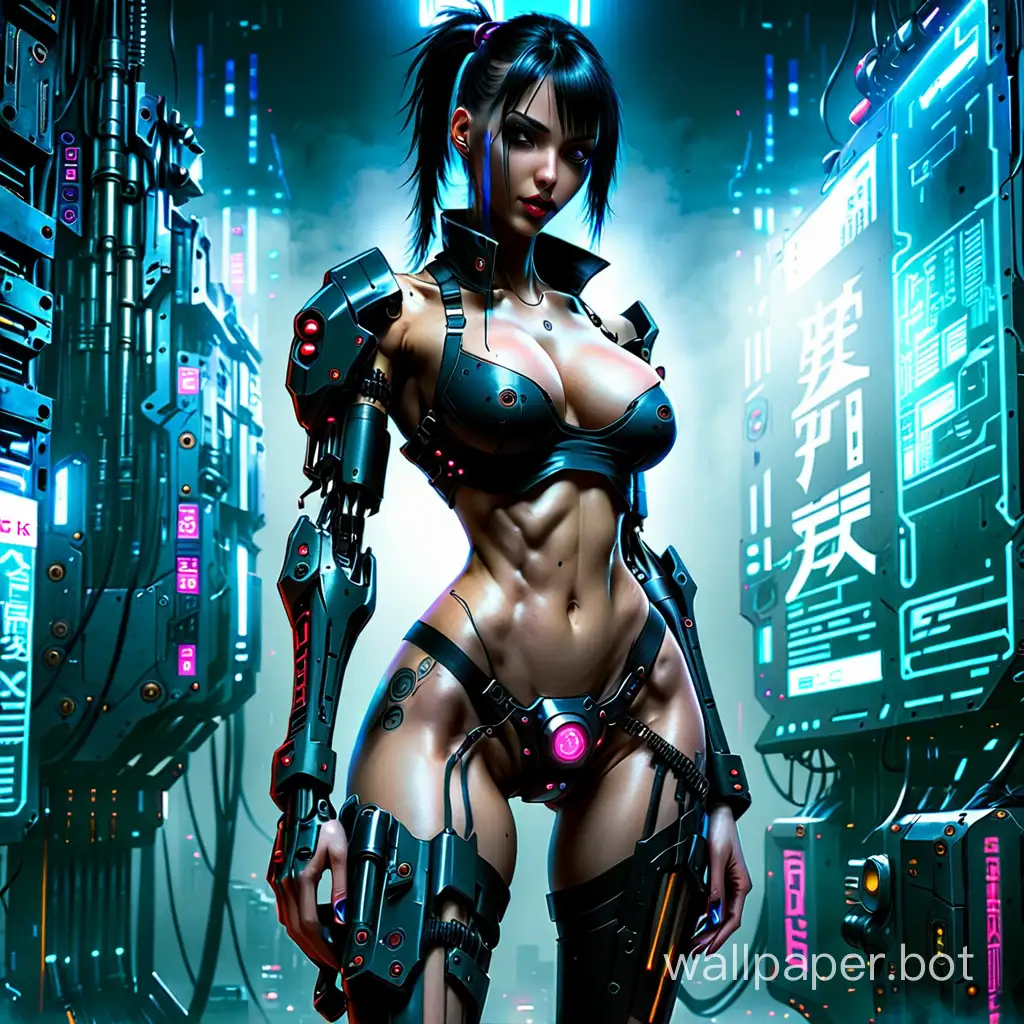 Girl, cyberpunk, big chest, long legs