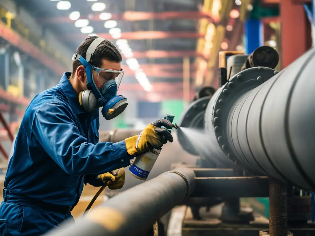 a man in a respirator sprays an anti-corrosion compound onto a pipeline, photo