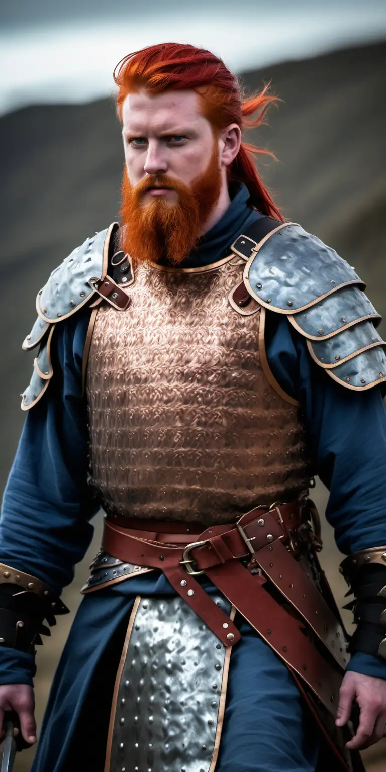 Male warrior, red hair and beard, wearing brigandine, northern descend