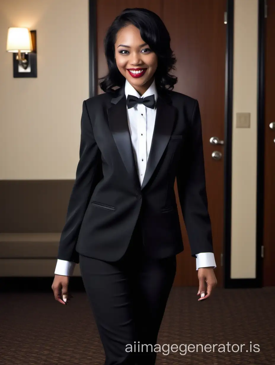 In a darkened hotel room. A pretty smiling and laughing Indonesian woman with dark skin, shoulder length black hair, and lipstick, is walking straight forward, looking at the viewer. She is wearing a tuxedo with a black jacket and black pants. Her shirt is white with double French cuffs and a wing collar. Her bowtie is black. Her cufflinks are large and black. She is wearing shiny black high heels. Her jacket is open.