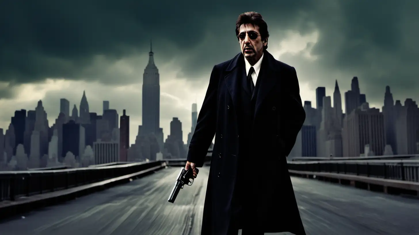al pacino style, a man walking in new york he habe a long coat and a gun in his hand the sky is dramatic 