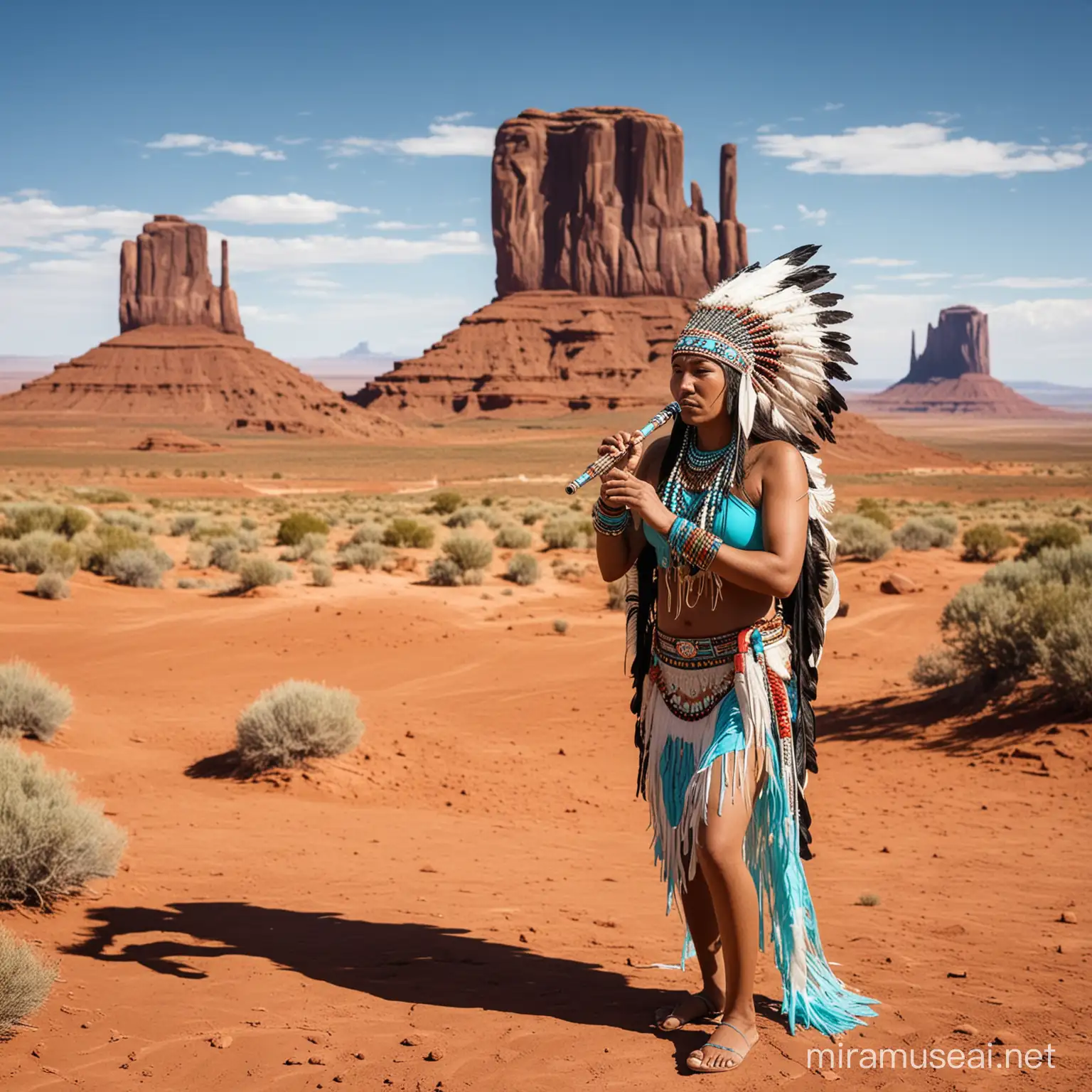 monument valley, native American wearing turquoise bracelet, feather headdress, playing flute