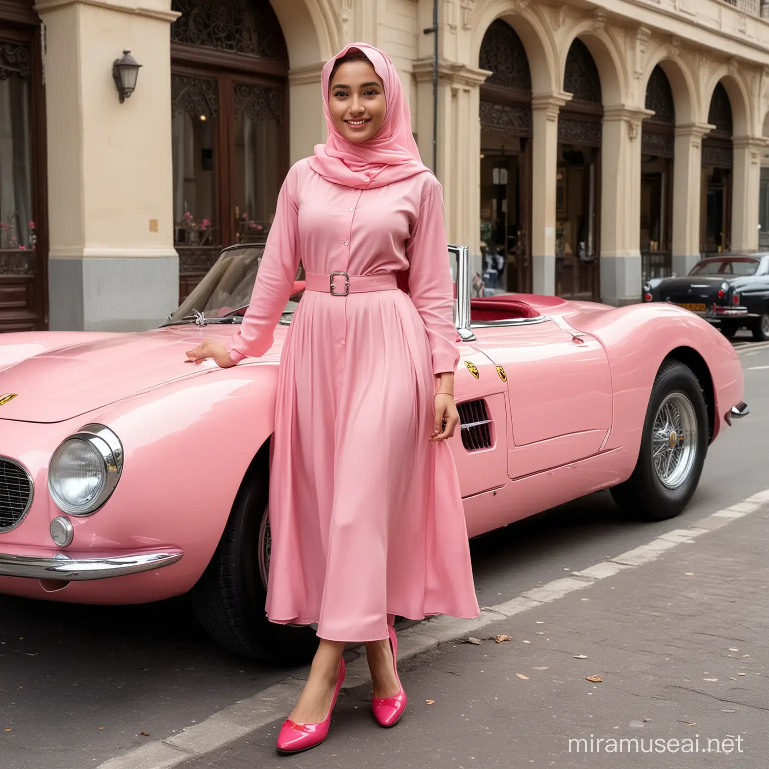 an Indonesian girl next to the door of a fashionable 1957 Ferrari 250 Testa Rossa, wide smiling face, wearing a hijab, abaya dress, long loose skirt pink shoes, oren chameleon car model adds a dominant cool mystery with a very fashionable metal texture, background city ​​park street, during the day, ultra high quality