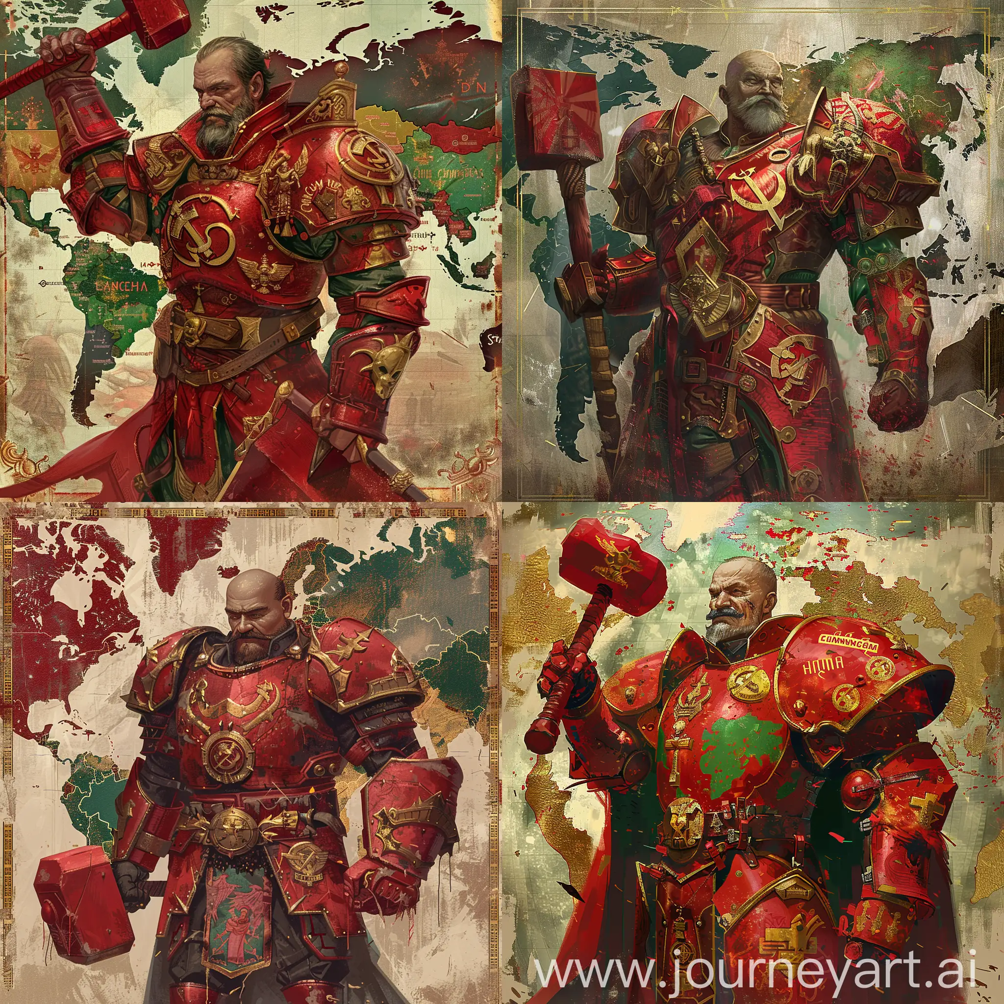 a dnd digital painting with vladimir lenin as a paladin with a red knight armour with communism signs in the details, carrying a big red hammer, the world map in the background with details in gold, red and green