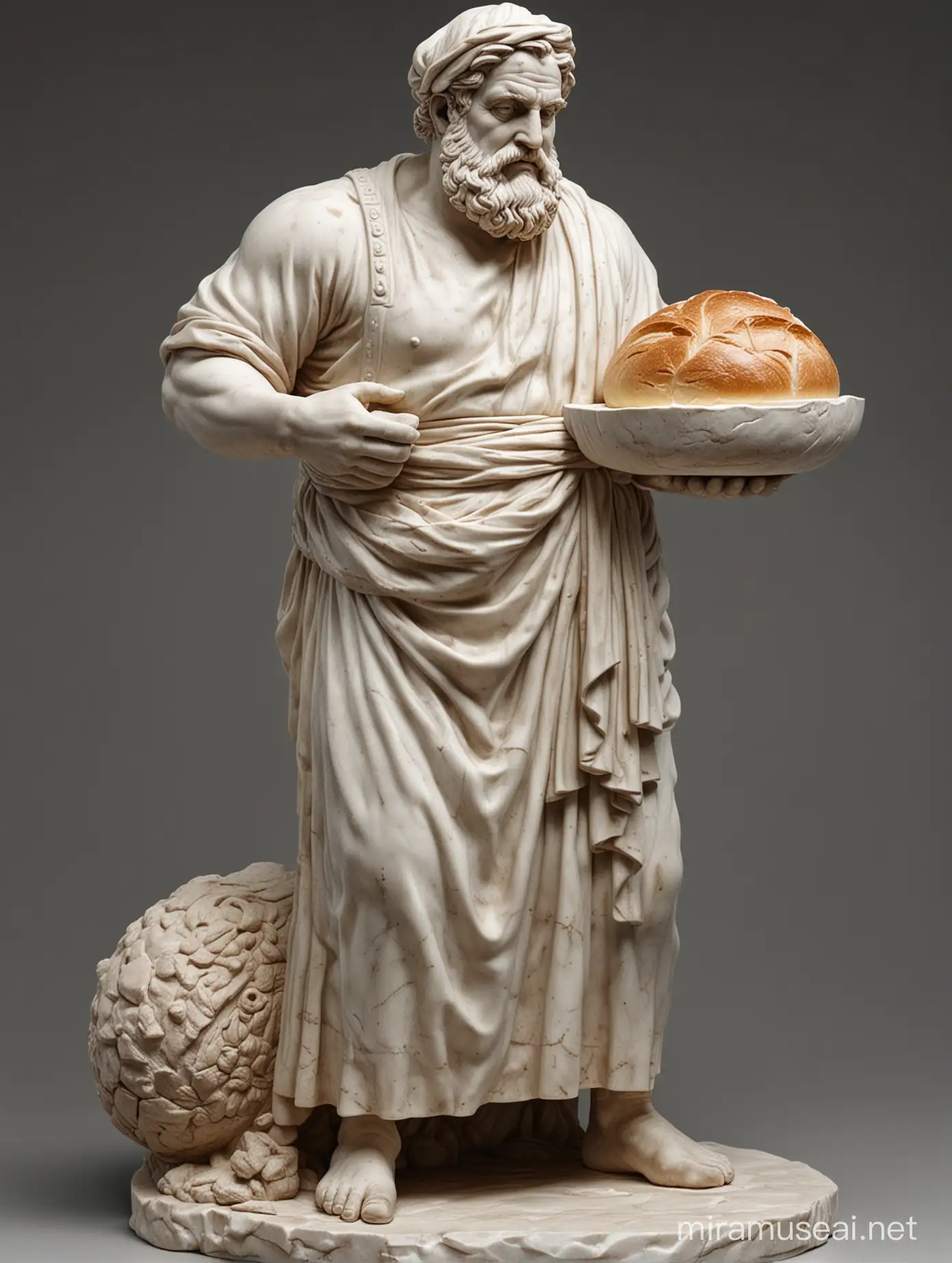 marble greek sculpture of fat baker making bread, dramatic, high detailed, full body