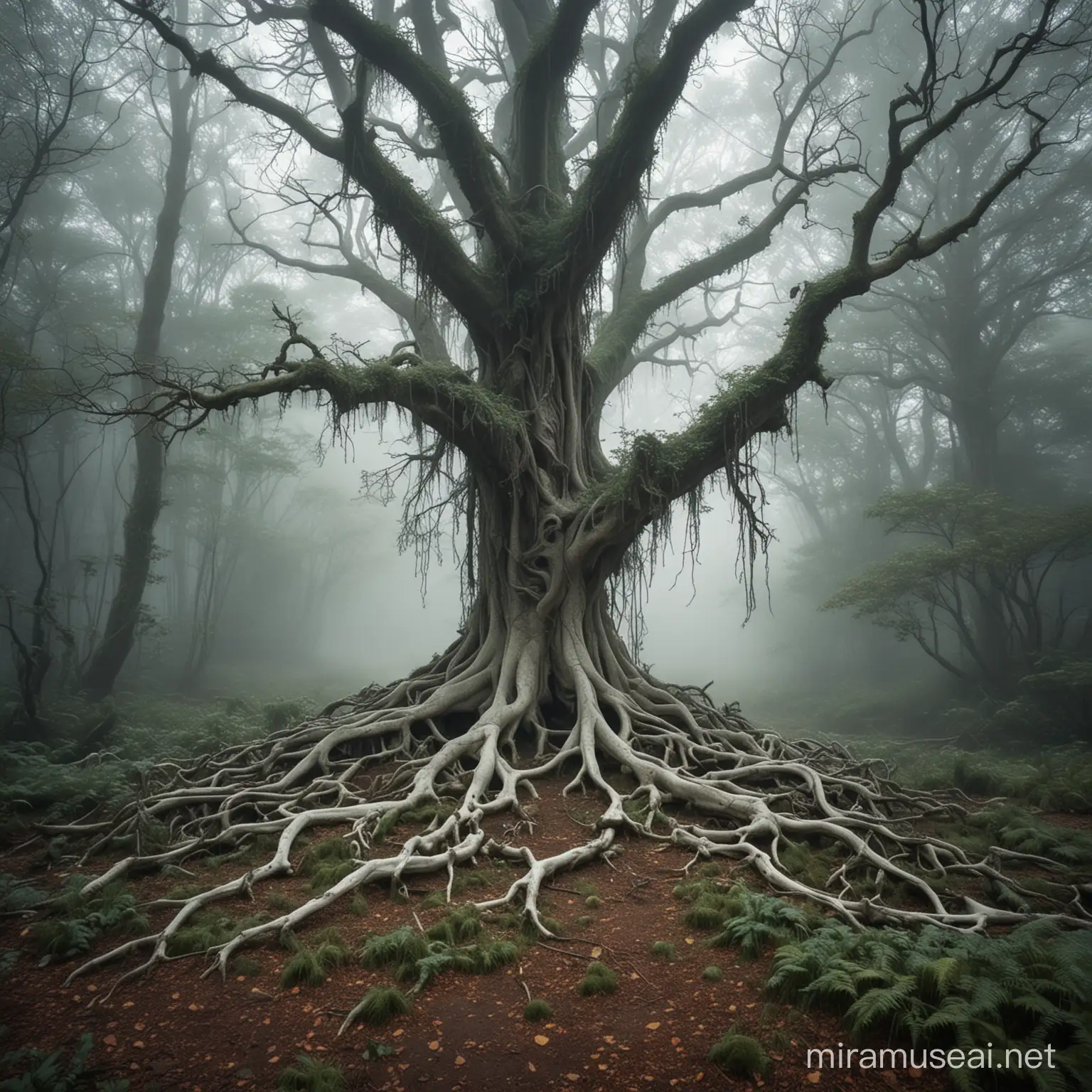 art nouveau style, ancient tree in middle of forest, bones tangled in between the roots, misty morning, magical world