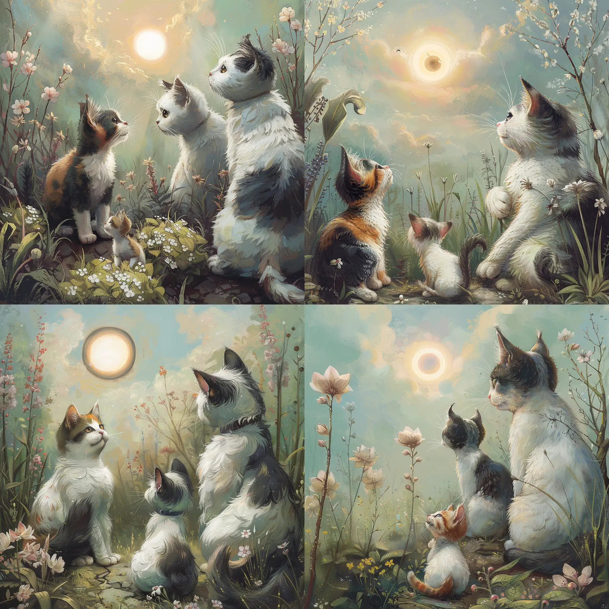 a small calico cat, and two big white cats with dark grey tails and ears. They are watching the total eclipse in a spring garden.
