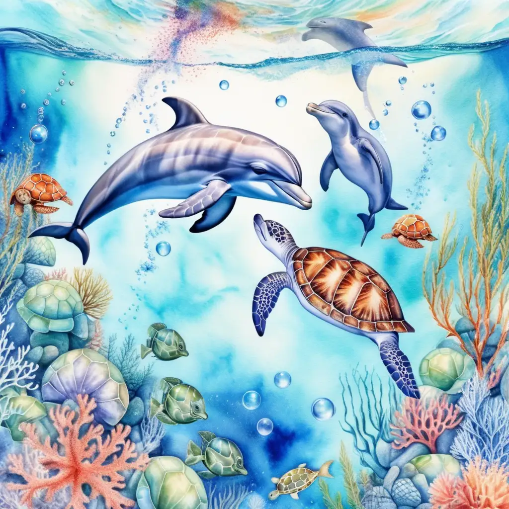 Playful Dolphin and Turtle Amidst Vibrant Underwater World