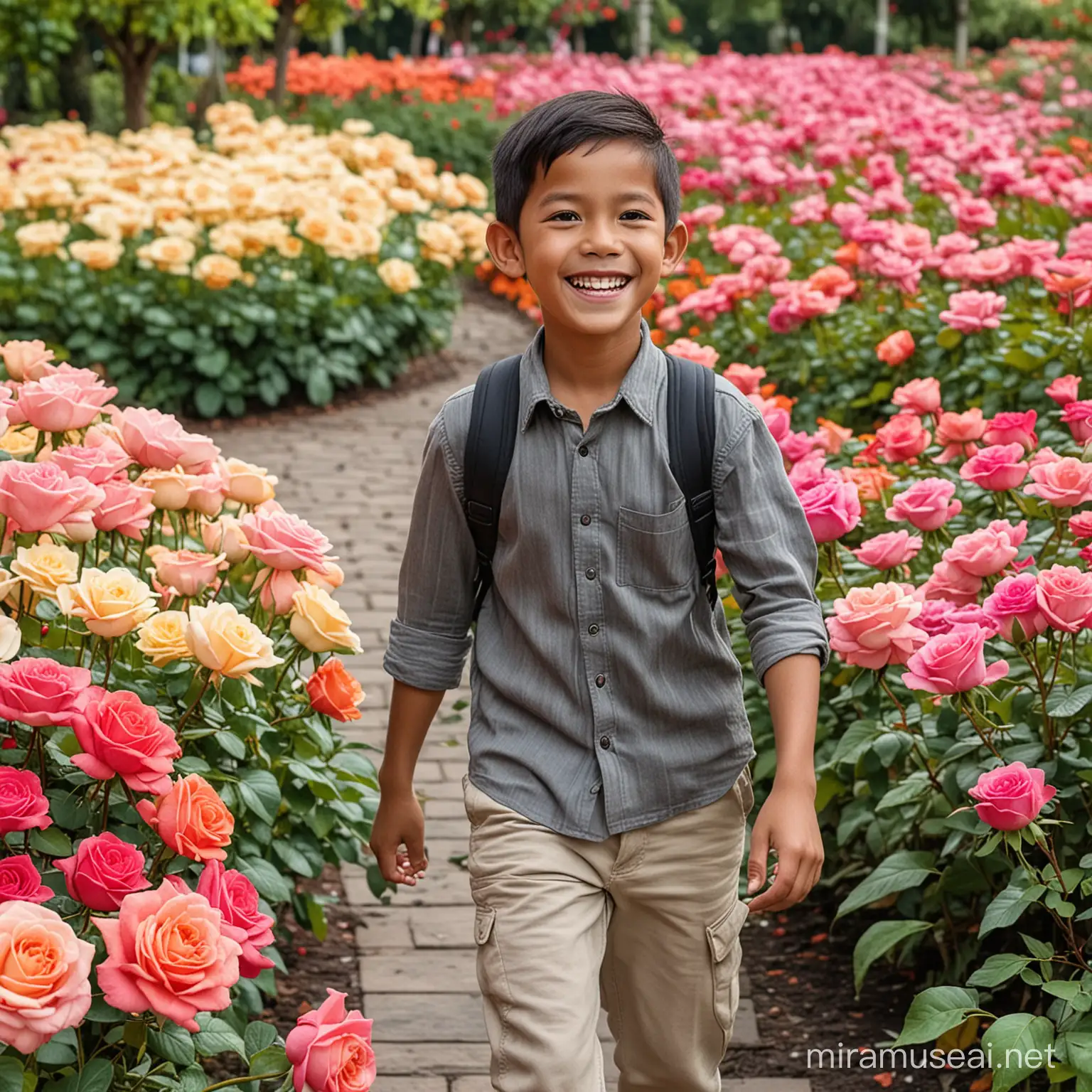 Seorang anak laki laki usia 10 tahun, tampan wajah jawa indonesia, tersenyum bahagia menggendong balita laki laki nya yang ber usia 3 tahun...berjalan berkeliling taman bunga mawar warna warni.
Baiground taman bunga yang indah