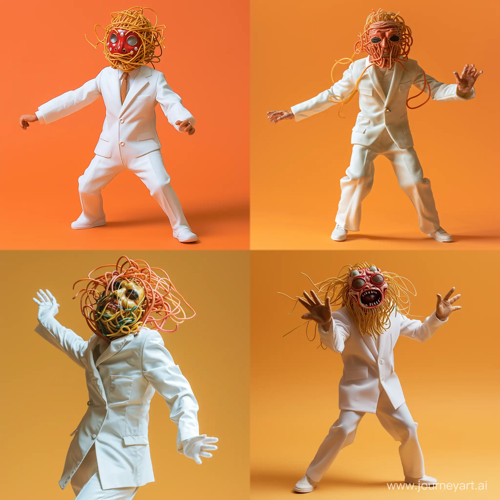 figure in a white suit static pose and spaghetti mask vintage plastic style. flat background, realistic photo very detailed