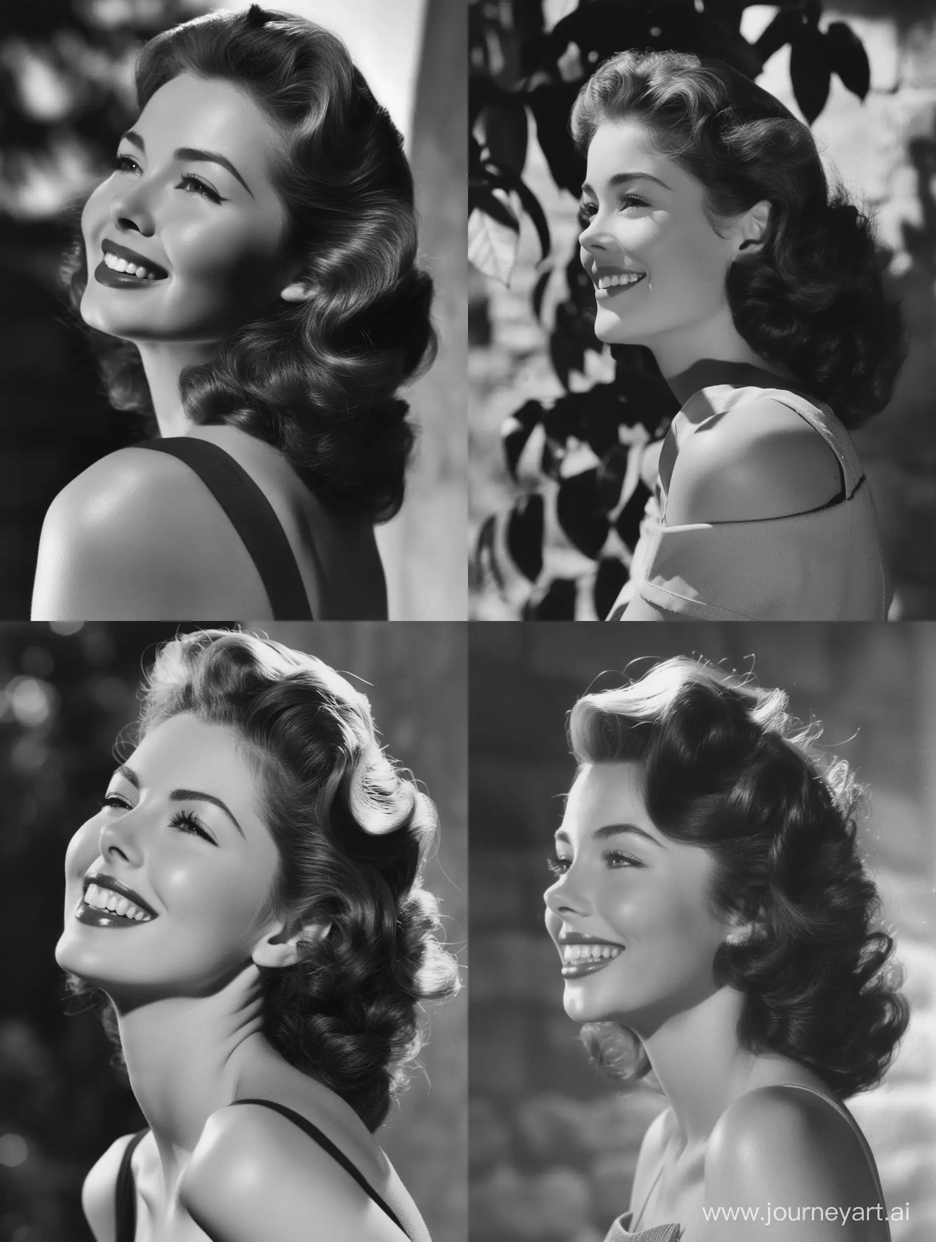A beautiful woman, with slightly curly hair in a 50s style, black and white photo, smiling, looking to the left, black and white photo from the 1950s. 