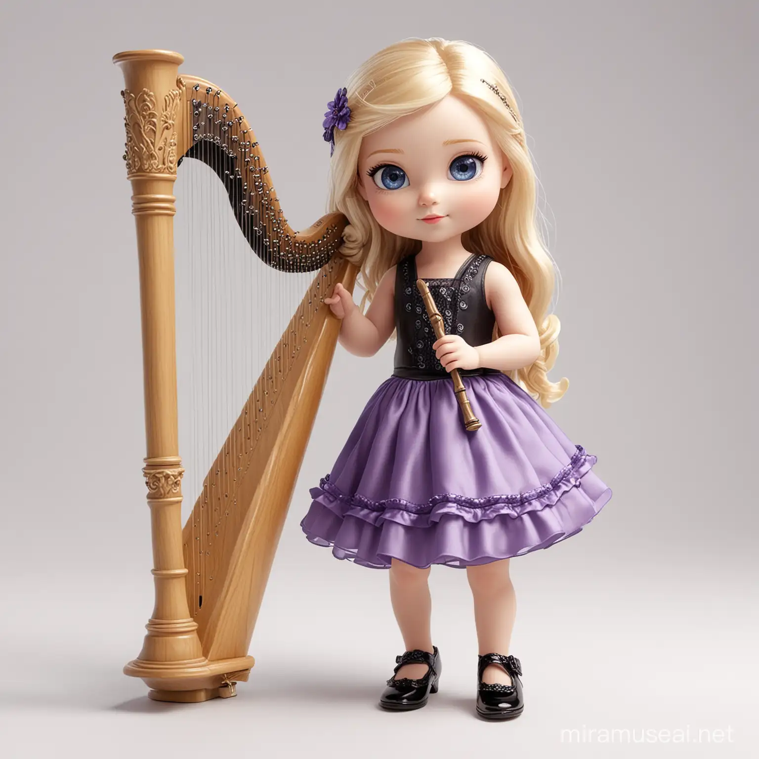 female child with blond hair, blue eyes, wearing a purple dress and black fancy shoes holding a harp and a flute on a white background
chibi style 