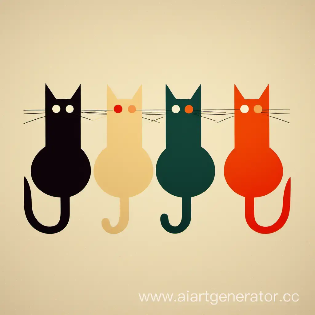 Три кота два тонких один толстый играющих разноцветных кота минимализм примитив растровый рисунок абстрактно упрощённо конструктивизм лучизм супрематизм