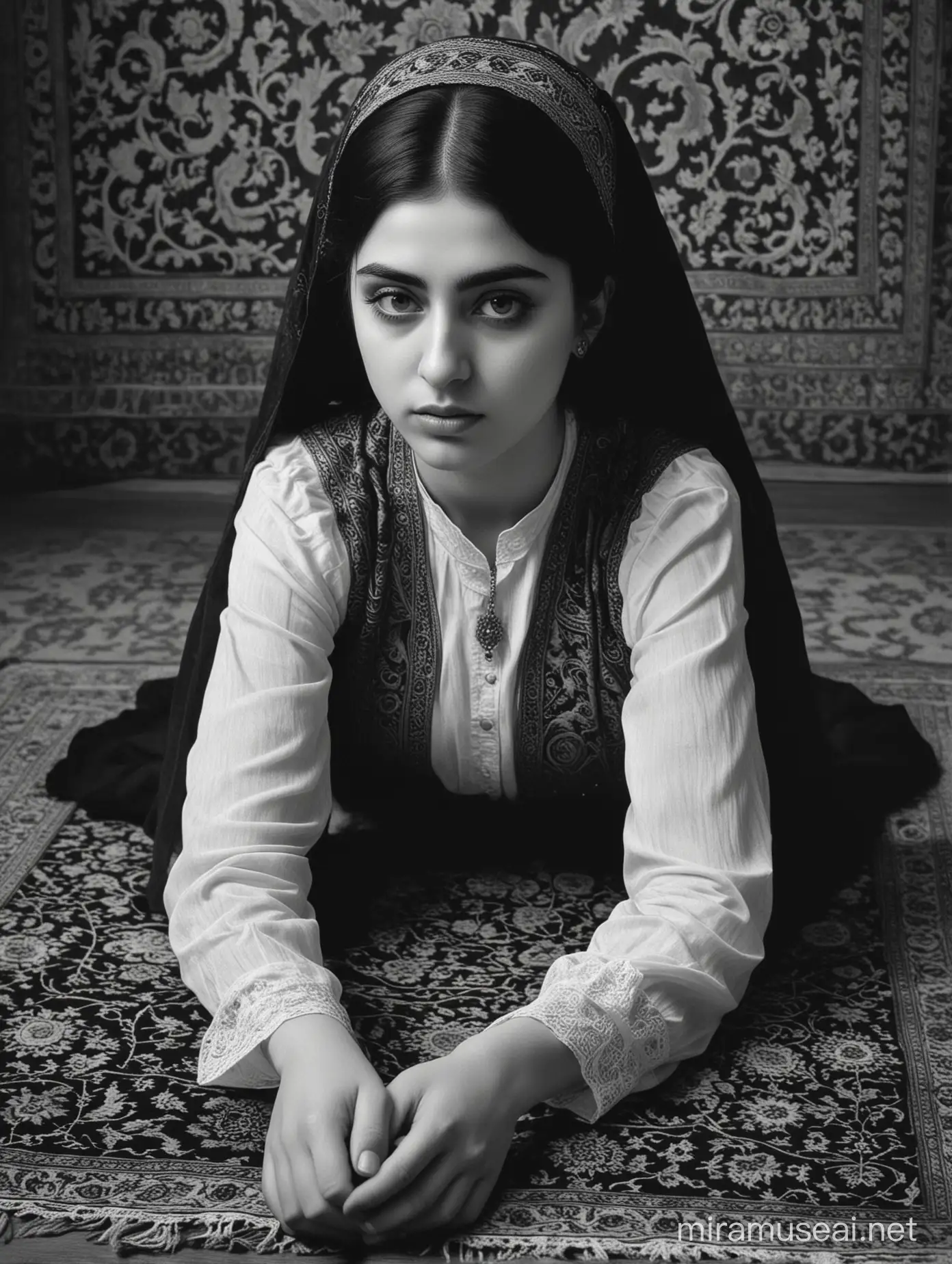 Mournful Persian Qajar Girl Portrait on Persian Carpet