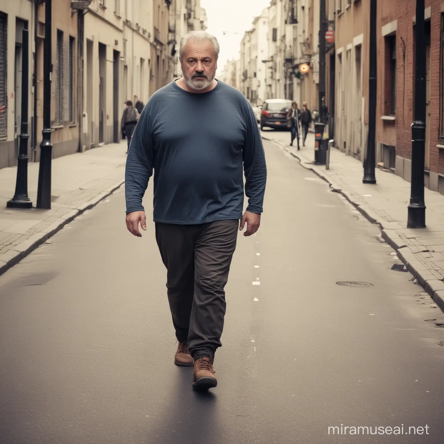 A man, around 50 years old. A little bit over weight walking on a street. But he is a secret superhero
