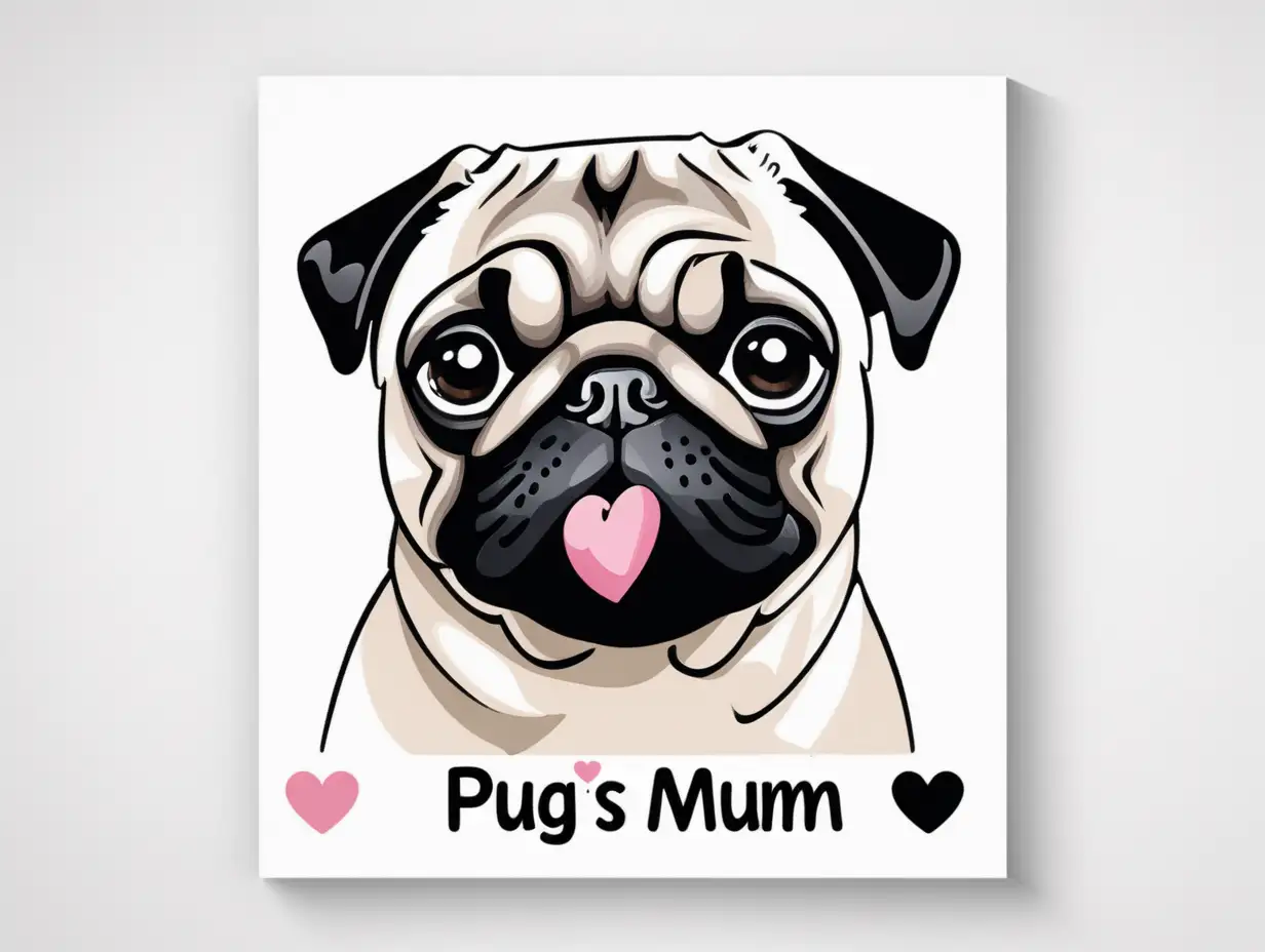 je veux la photo d'un pug avec une phrase PUG'S MUM  sur un fond blanc, ajoute des coeurs et fais attention a l'orthographe



